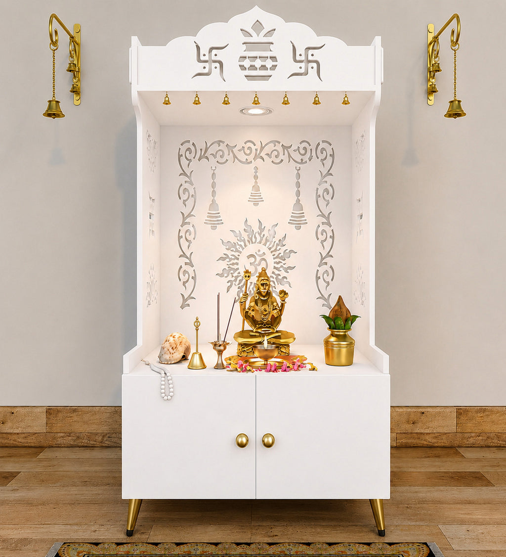 Brown Wooden Floor Pooja Mandir with Kalash & Om Design Laser-Cut Bell Motifs & Storage Cabinet
