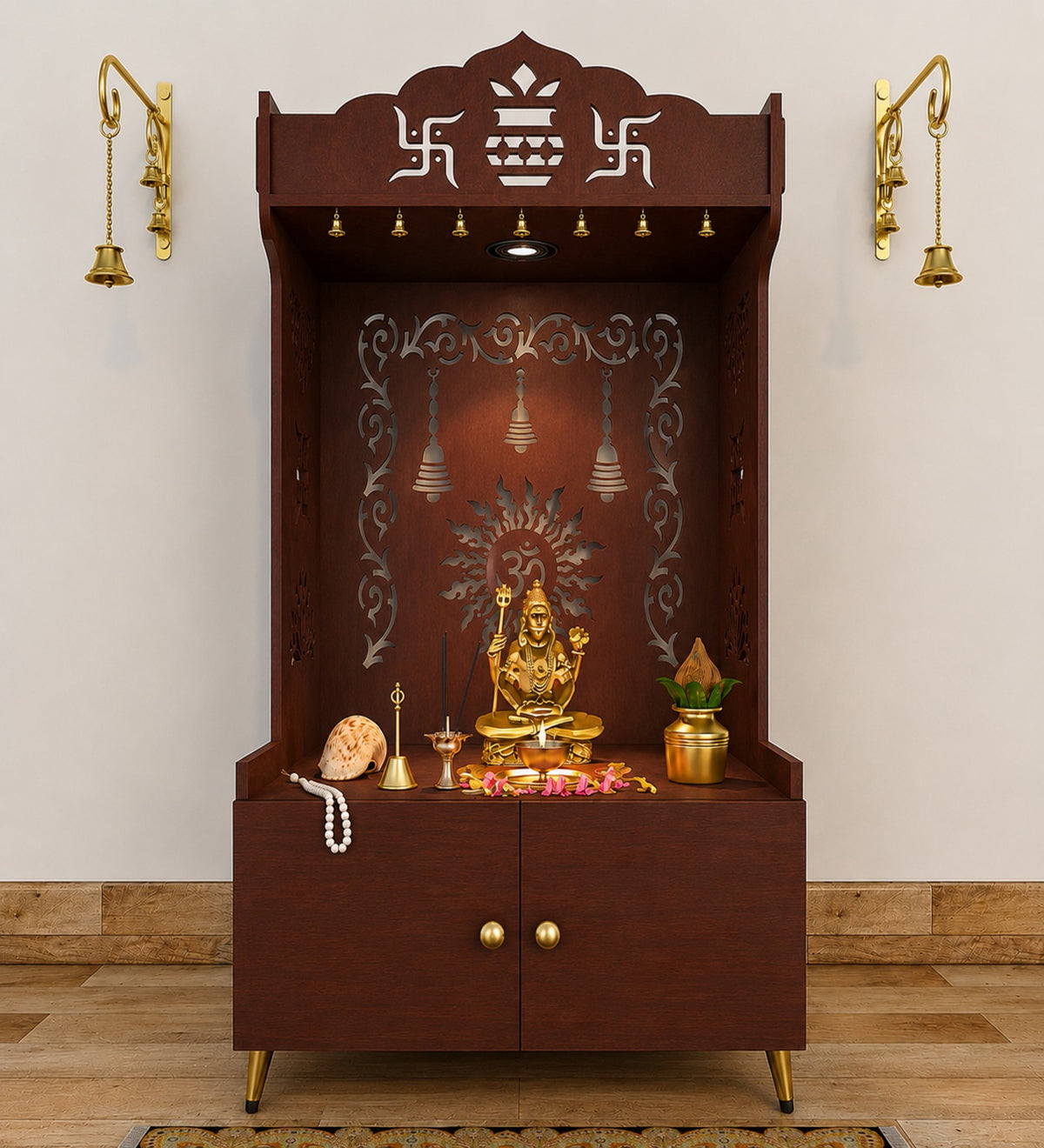 Brown Wooden Floor Pooja Mandir with Kalash & Om Design Laser-Cut Bell Motifs & Storage Cabinet