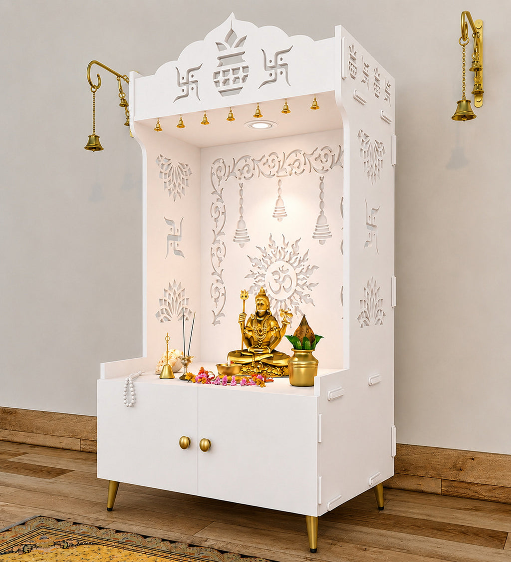 Brown Wooden Floor Pooja Mandir with Kalash & Om Design Laser-Cut Bell Motifs & Storage Cabinet