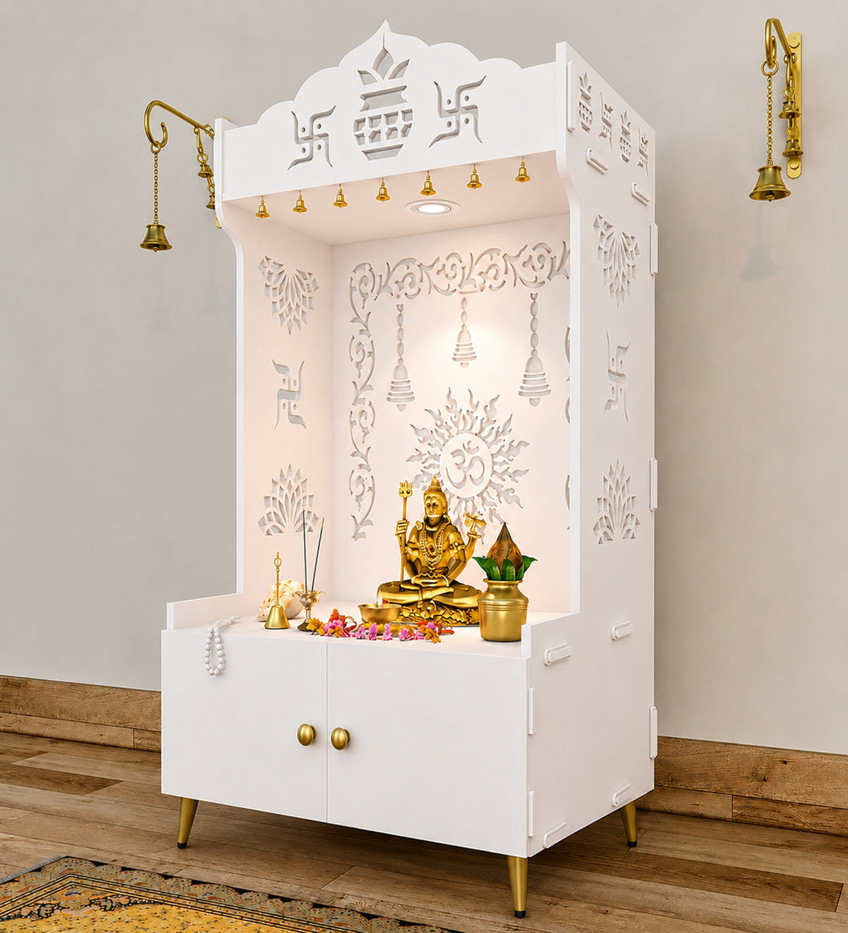 Brown Wooden Floor Pooja Mandir with Kalash & Om Design Laser-Cut Bell Motifs & Storage Cabinet