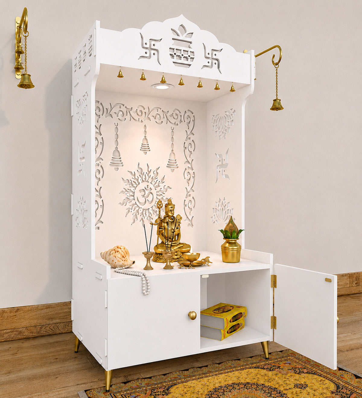 Brown Wooden Floor Pooja Mandir with Kalash & Om Design Laser-Cut Bell Motifs & Storage Cabinet