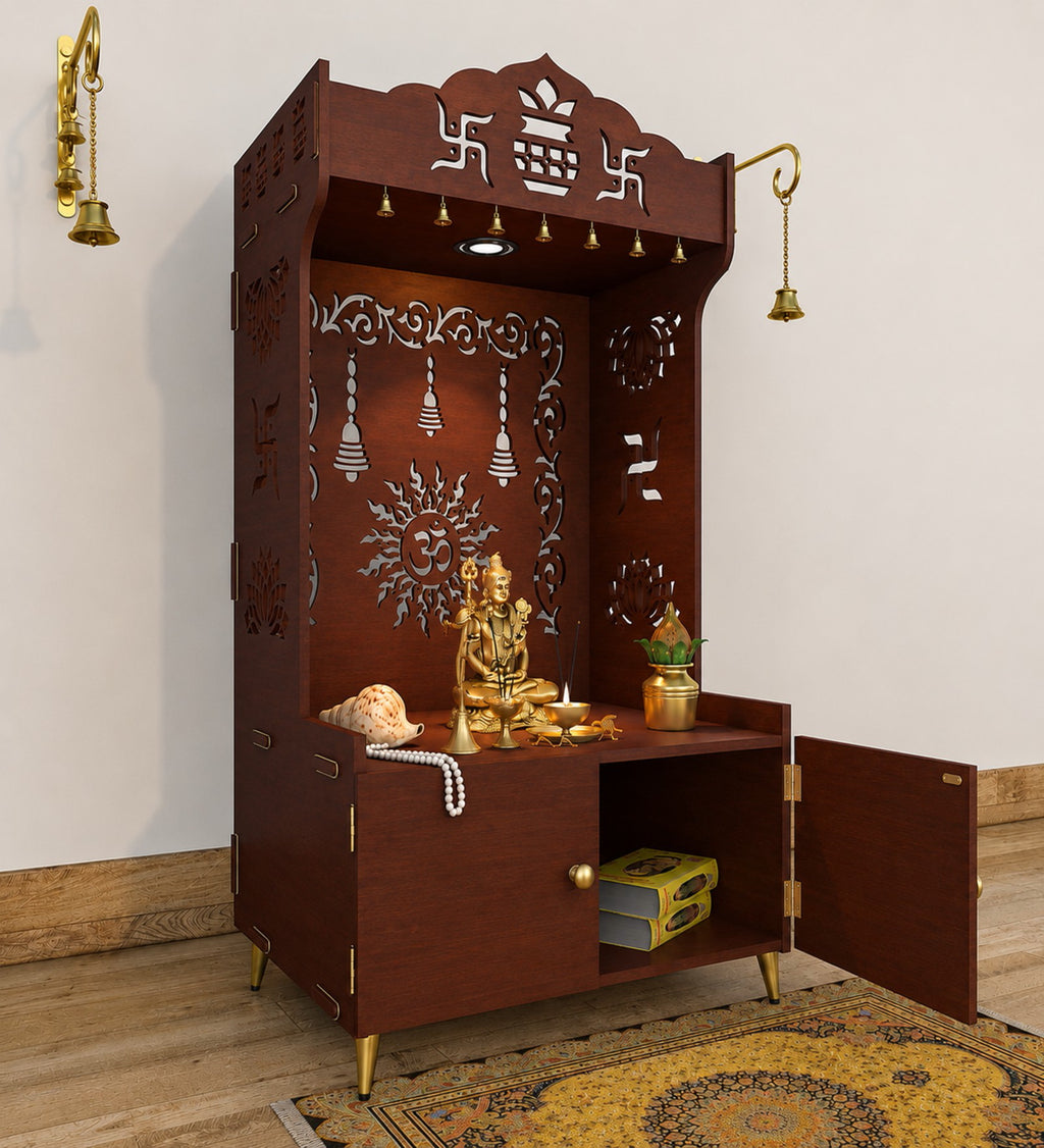 Brown Wooden Floor Pooja Mandir with Kalash & Om Design Laser-Cut Bell Motifs & Storage Cabinet