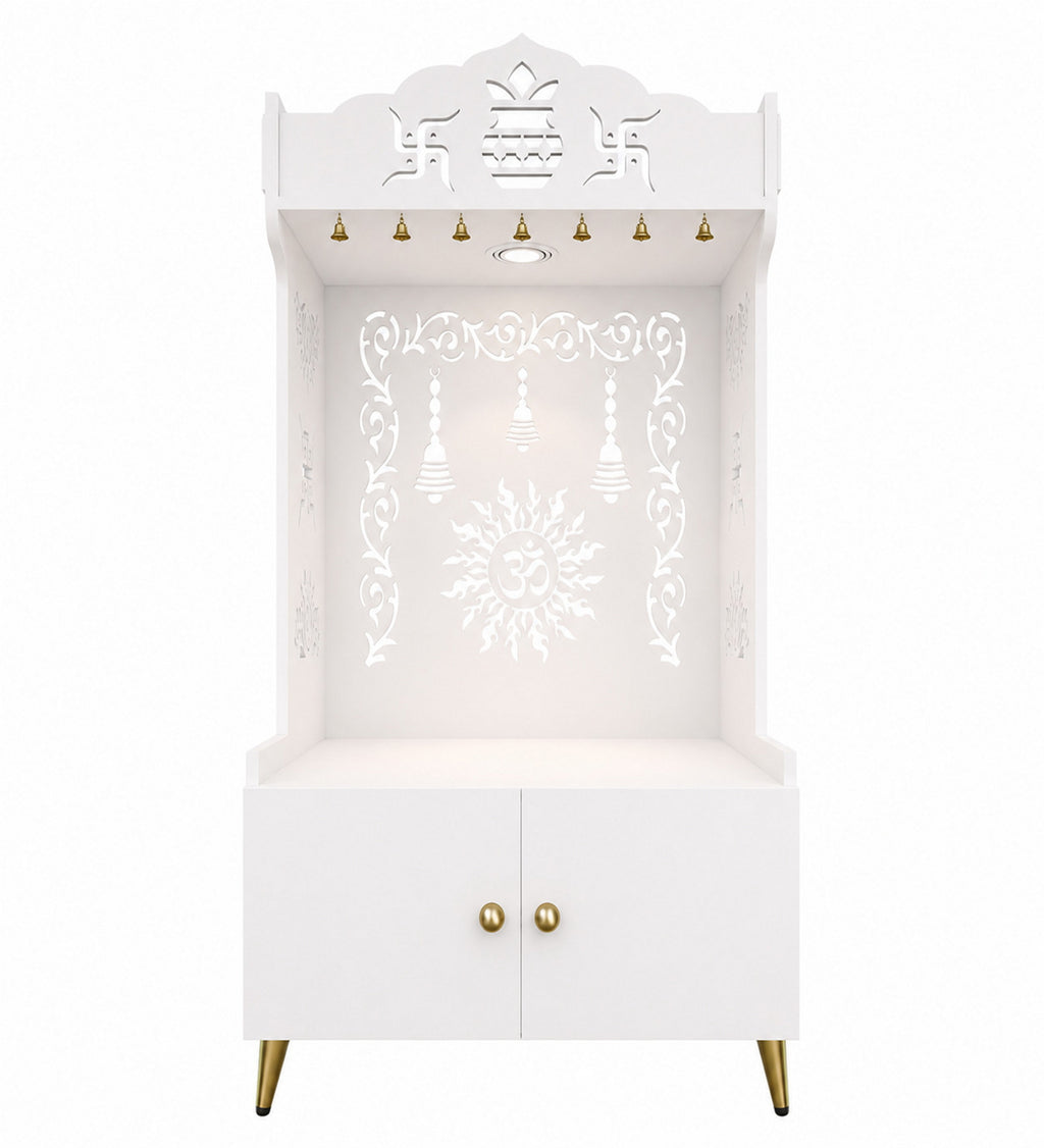 Brown Wooden Floor Pooja Mandir with Kalash & Om Design Laser-Cut Bell Motifs & Storage Cabinet