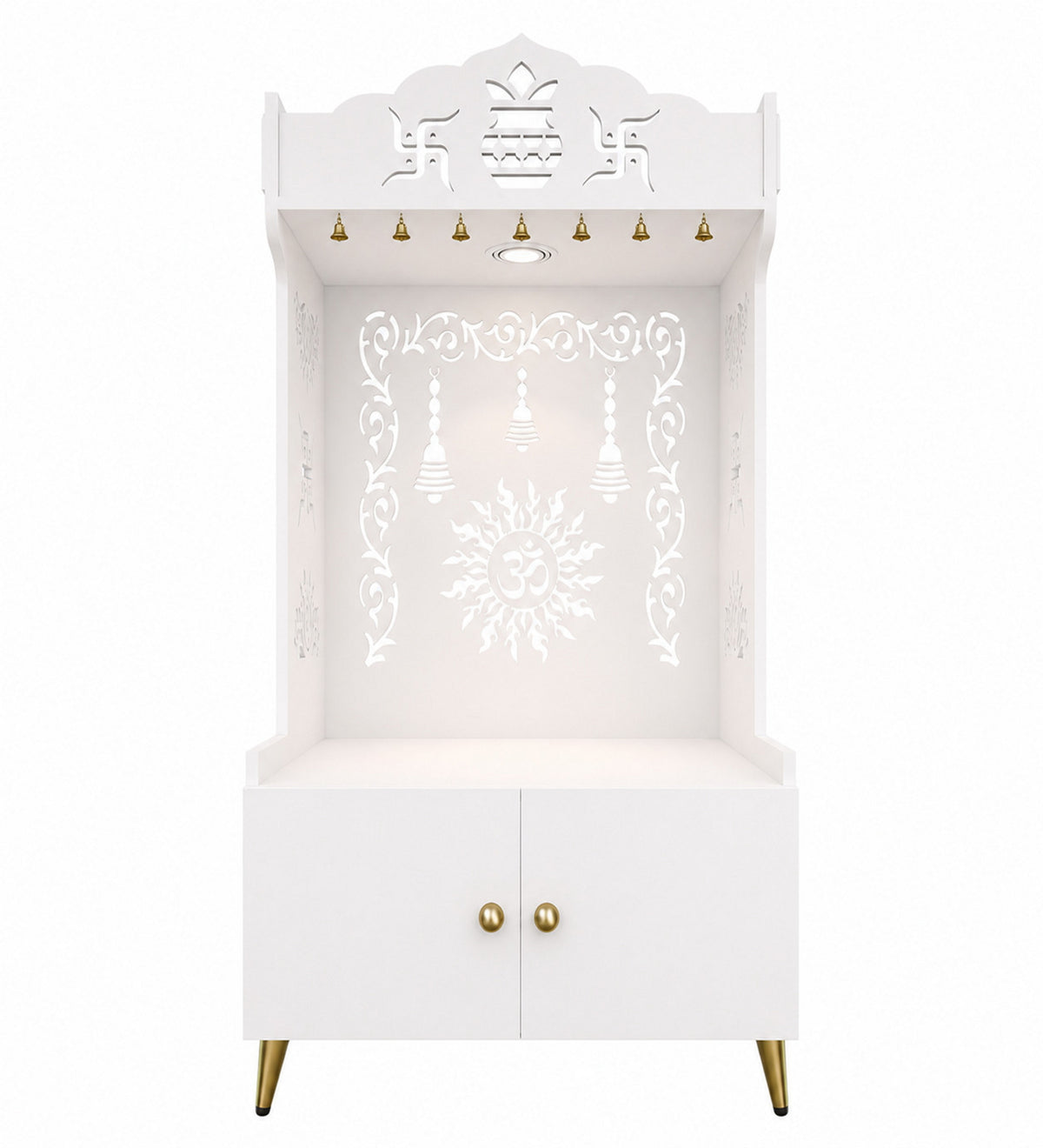 Brown Wooden Floor Pooja Mandir with Kalash & Om Design Laser-Cut Bell Motifs & Storage Cabinet