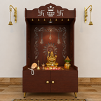 Brown Wooden Floor Pooja Mandir with Kalash & Om Design Laser-Cut Bell Motifs & Storage Cabinet