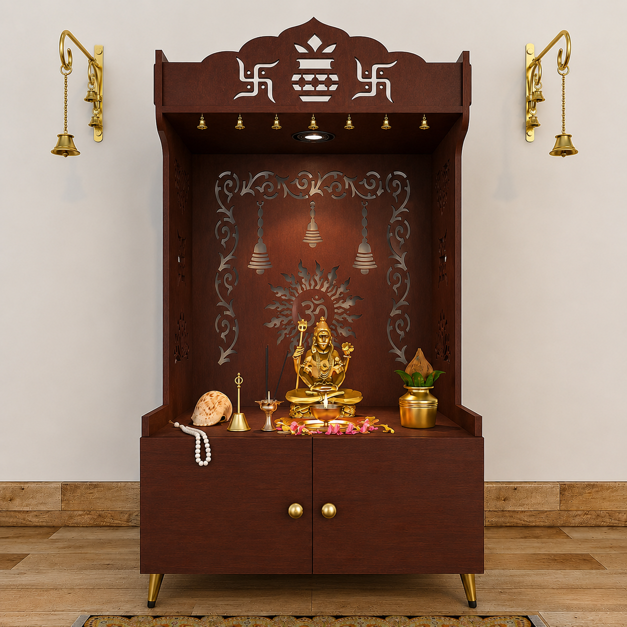 Brown Wooden Floor Pooja Mandir with Kalash & Om Design Laser-Cut Bell Motifs & Storage Cabinet