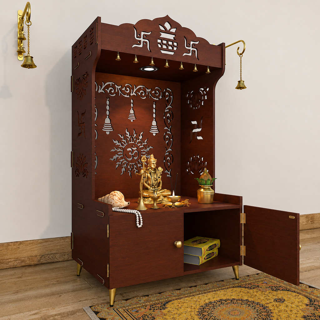 Brown Wooden Floor Pooja Mandir with Kalash & Om Design Laser-Cut Bell Motifs & Storage Cabinet