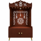 Brown Wooden Floor Pooja Mandir with Kalash & Om Design Laser-Cut Bell Motifs & Storage Cabinet