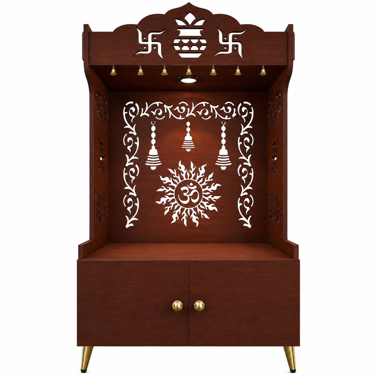 Brown Wooden Floor Pooja Mandir with Kalash & Om Design Laser-Cut Bell Motifs & Storage Cabinet