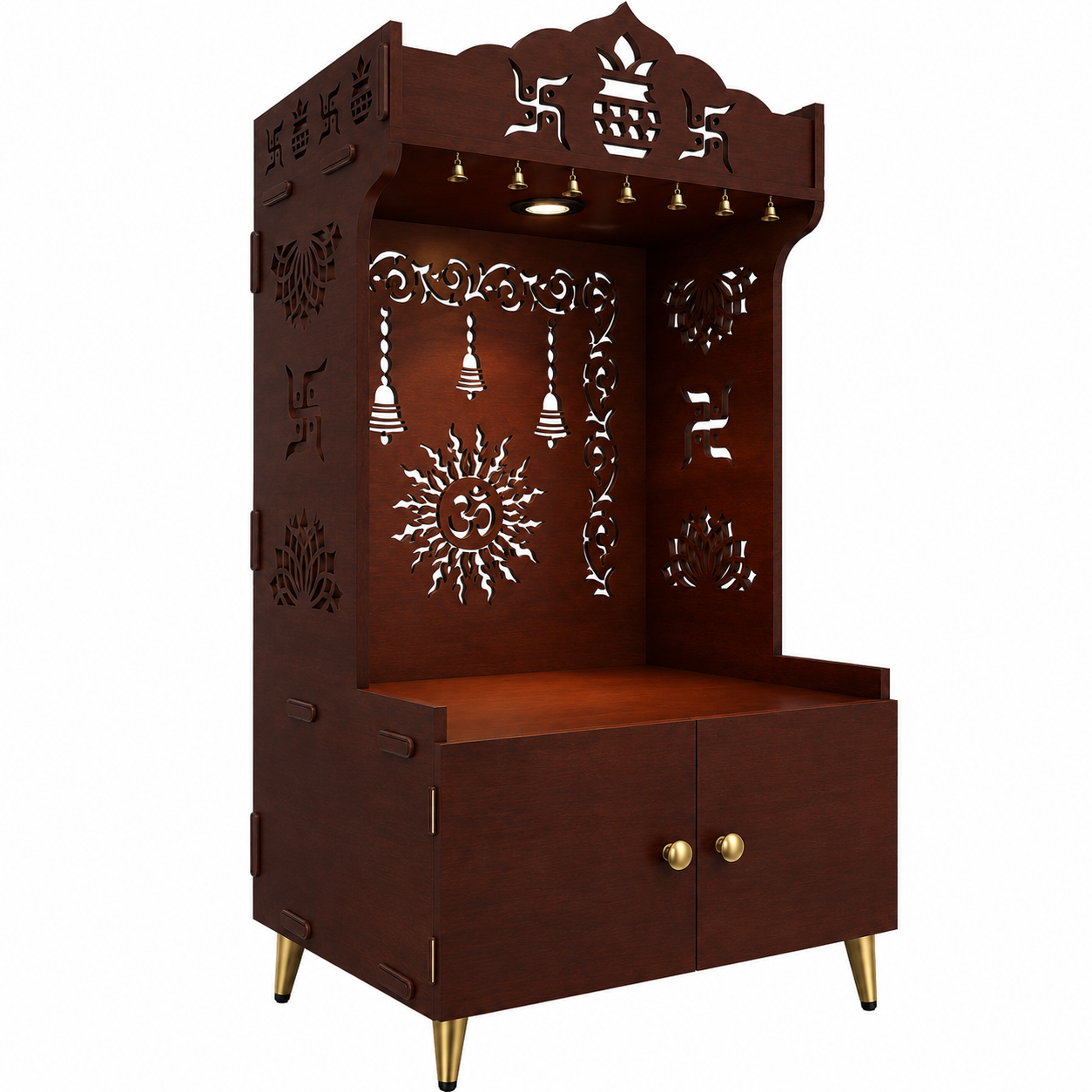 Brown Wooden Floor Pooja Mandir with Kalash & Om Design Laser-Cut Bell Motifs & Storage Cabinet
