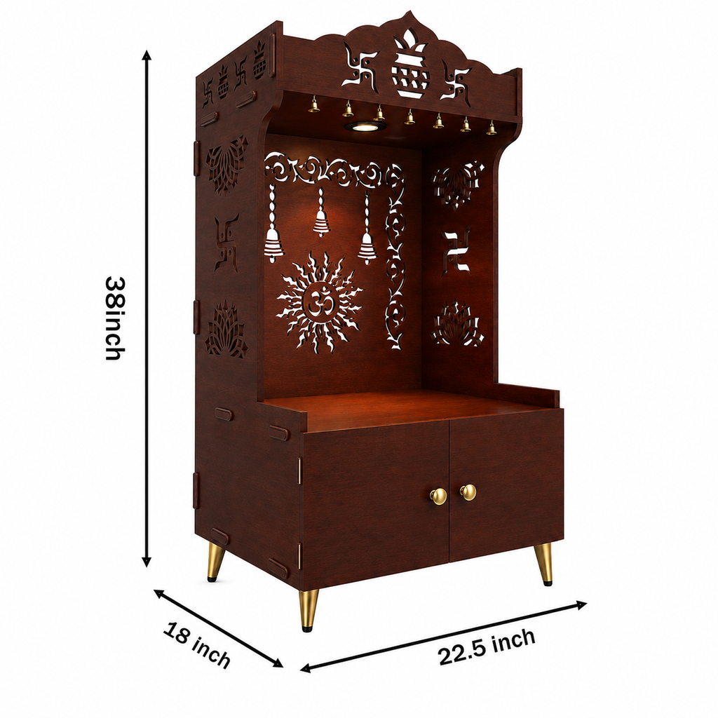Brown Wooden Floor Pooja Mandir with Kalash & Om Design Laser-Cut Bell Motifs & Storage Cabinet