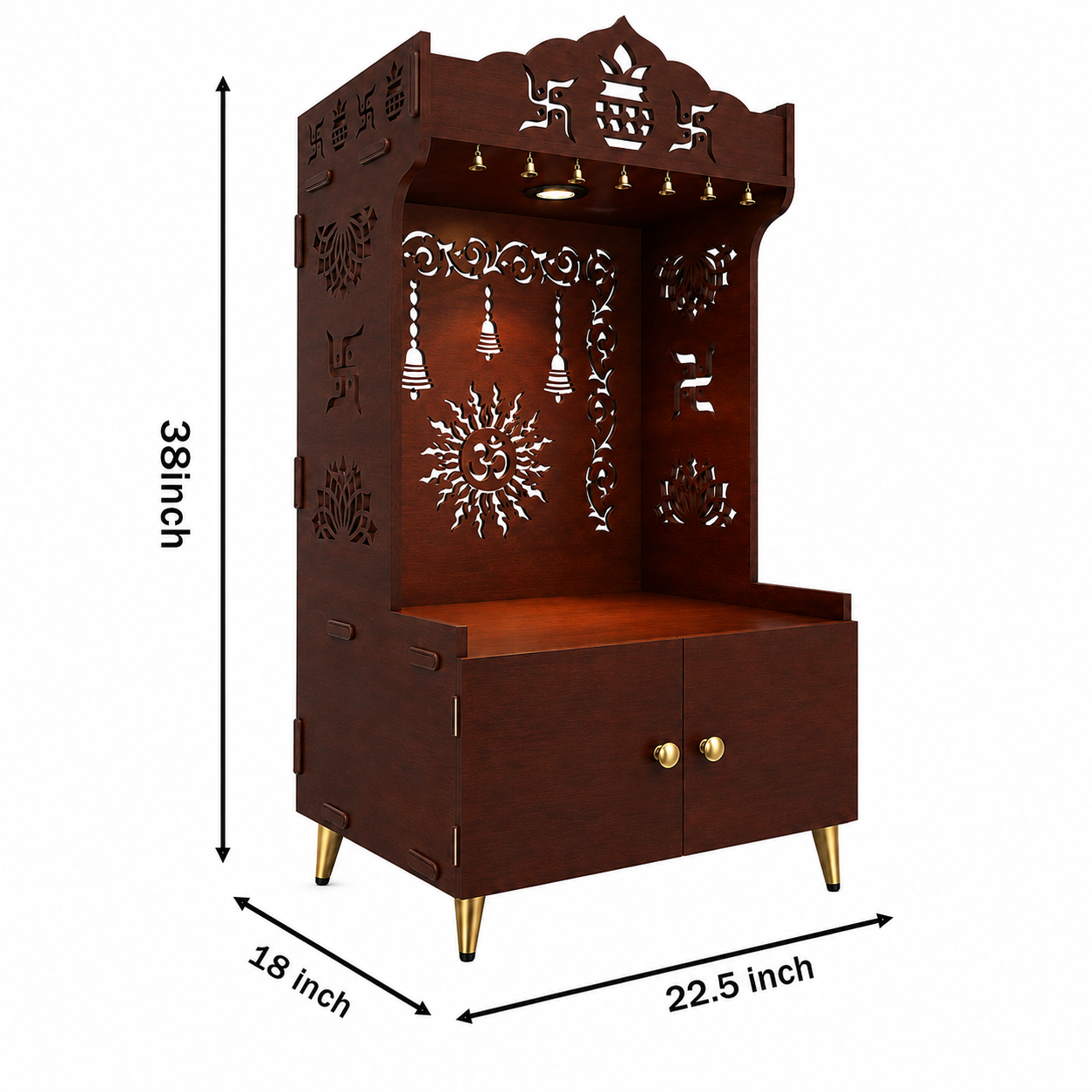 Brown Wooden Floor Pooja Mandir with Kalash & Om Design Laser-Cut Bell Motifs & Storage Cabinet
