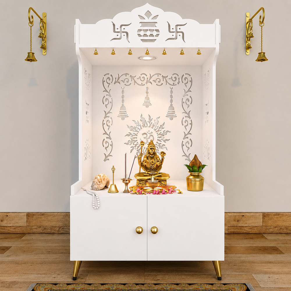 Brown Wooden Floor Pooja Mandir with Kalash & Om Design Laser-Cut Bell Motifs & Storage Cabinet