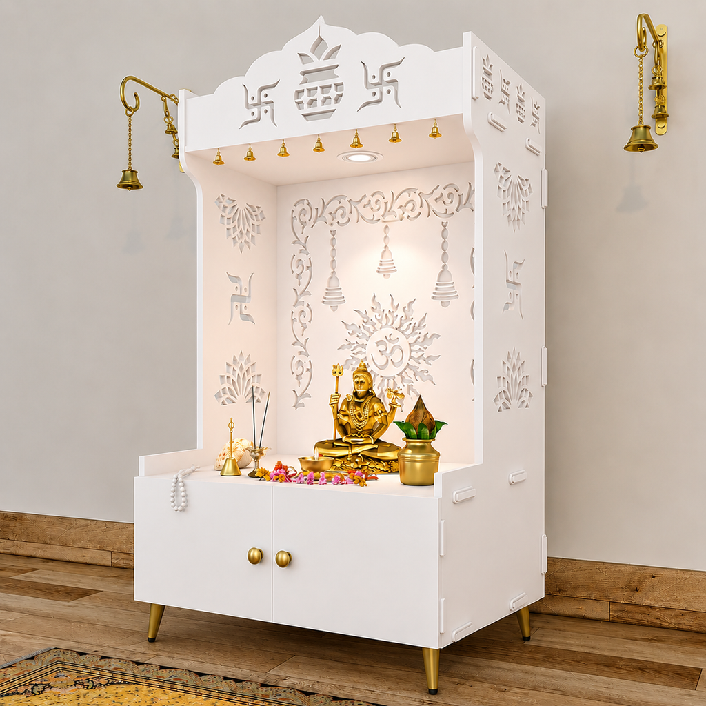 Brown Wooden Floor Pooja Mandir with Kalash & Om Design Laser-Cut Bell Motifs & Storage Cabinet