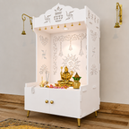Brown Wooden Floor Pooja Mandir with Kalash & Om Design Laser-Cut Bell Motifs & Storage Cabinet