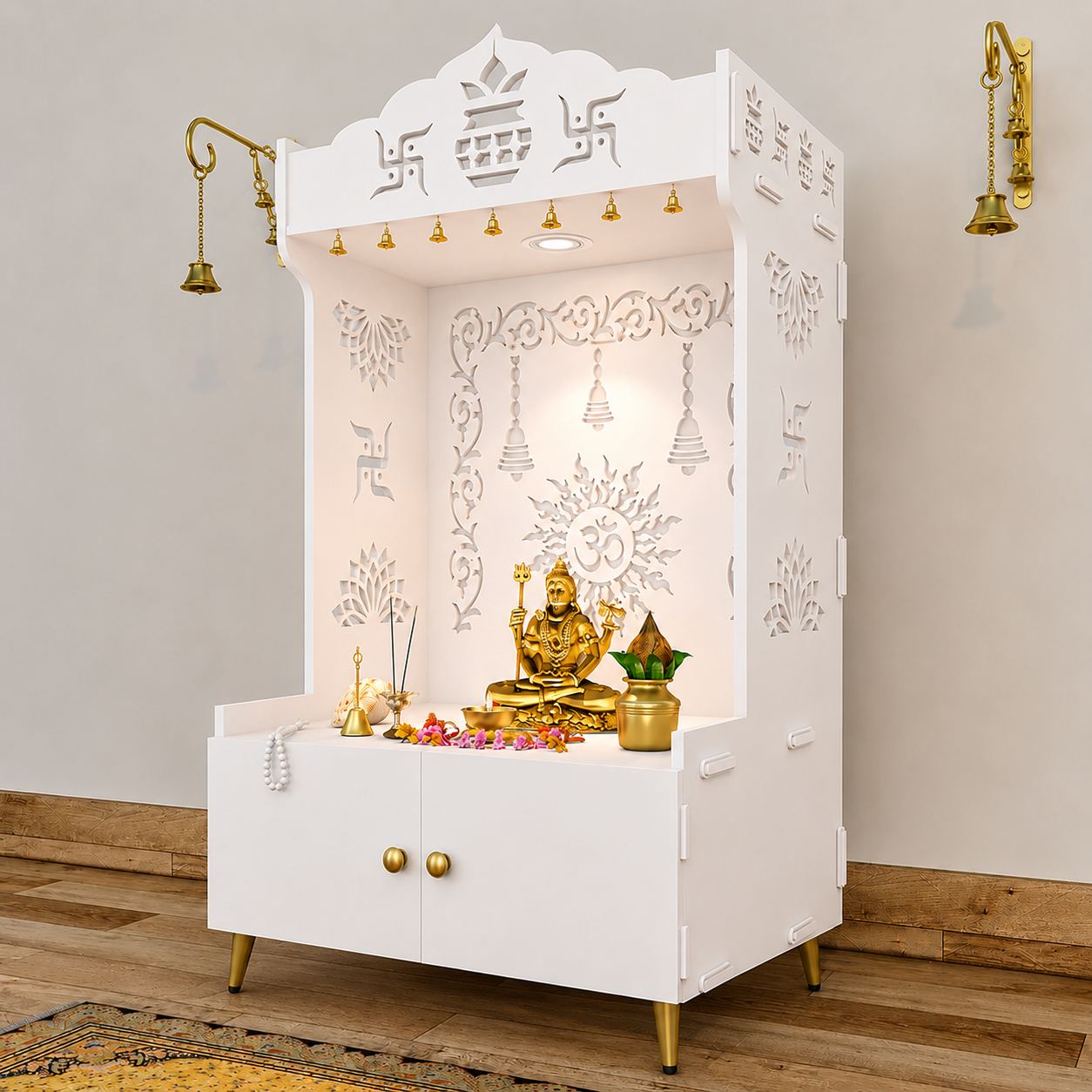 Brown Wooden Floor Pooja Mandir with Kalash & Om Design Laser-Cut Bell Motifs & Storage Cabinet