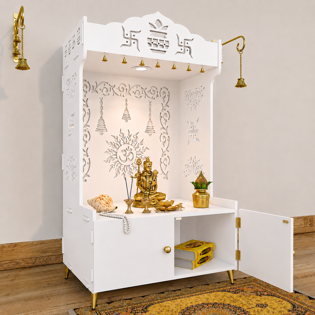 Brown Wooden Floor Pooja Mandir with Kalash & Om Design Laser-Cut Bell Motifs & Storage Cabinet
