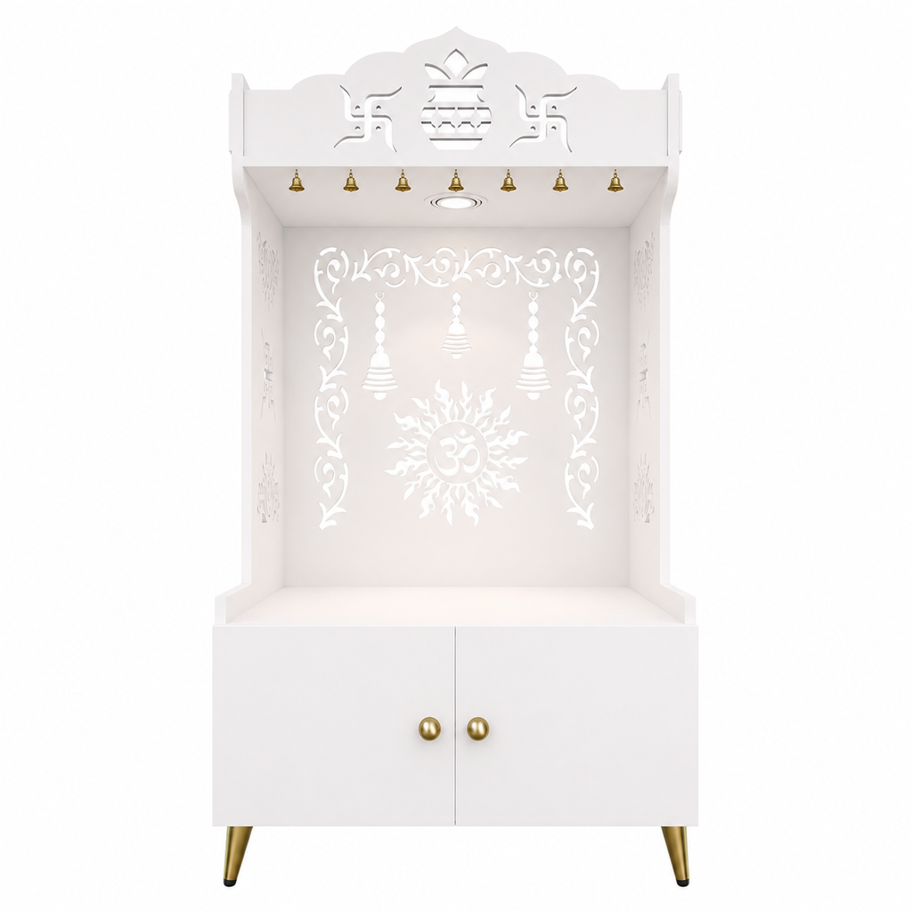 Brown Wooden Floor Pooja Mandir with Kalash & Om Design Laser-Cut Bell Motifs & Storage Cabinet