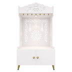 Brown Wooden Floor Pooja Mandir with Kalash & Om Design Laser-Cut Bell Motifs & Storage Cabinet