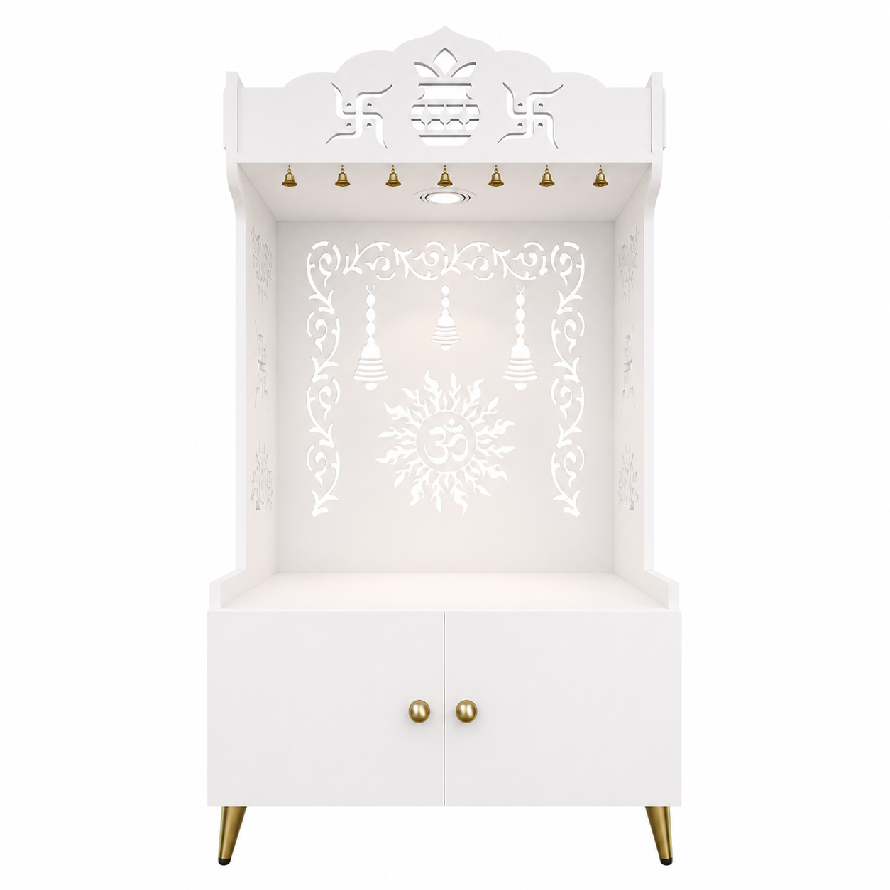 Brown Wooden Floor Pooja Mandir with Kalash & Om Design Laser-Cut Bell Motifs & Storage Cabinet