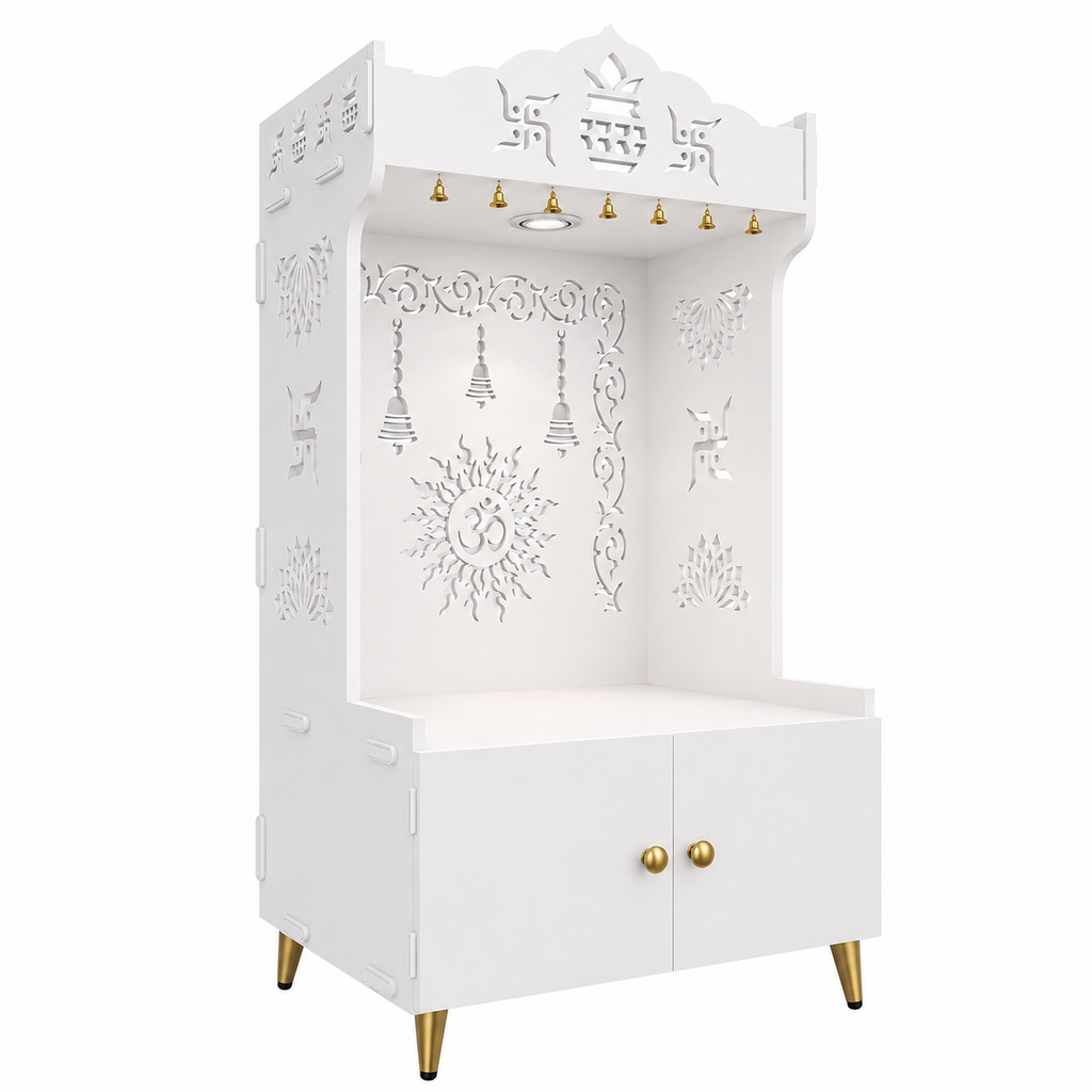 Brown Wooden Floor Pooja Mandir with Kalash & Om Design Laser-Cut Bell Motifs & Storage Cabinet