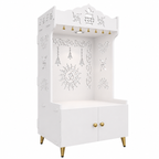 Brown Wooden Floor Pooja Mandir with Kalash & Om Design Laser-Cut Bell Motifs & Storage Cabinet