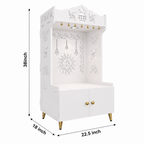 Brown Wooden Floor Pooja Mandir with Kalash & Om Design Laser-Cut Bell Motifs & Storage Cabinet