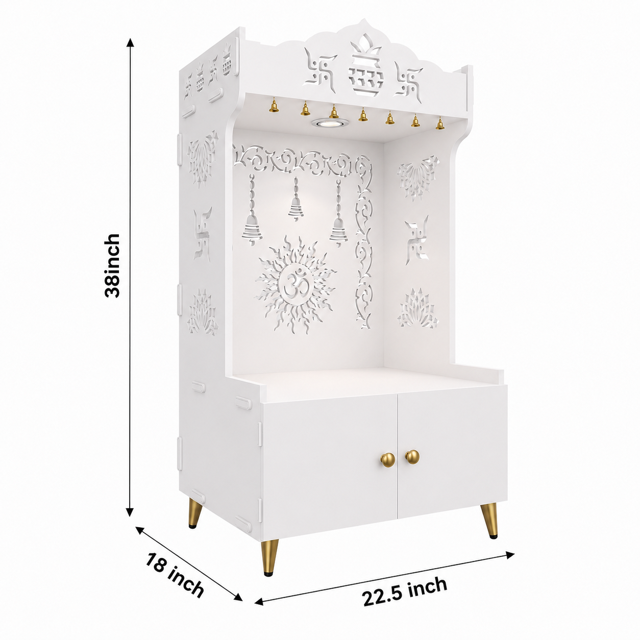 Brown Wooden Floor Pooja Mandir with Kalash & Om Design Laser-Cut Bell Motifs & Storage Cabinet