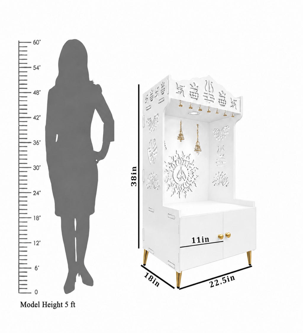 White Wooden Floor Pooja Mandir with Trishul & Kalash Design Laser-Cut Bell & Lotus Motifs & Storage Cabinet