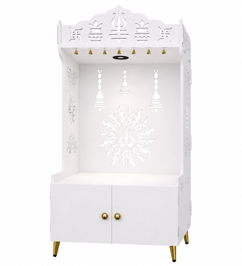 White Wooden Floor Pooja Mandir with Trishul & Kalash Design Laser-Cut Bell & Lotus Motifs & Storage Cabinet