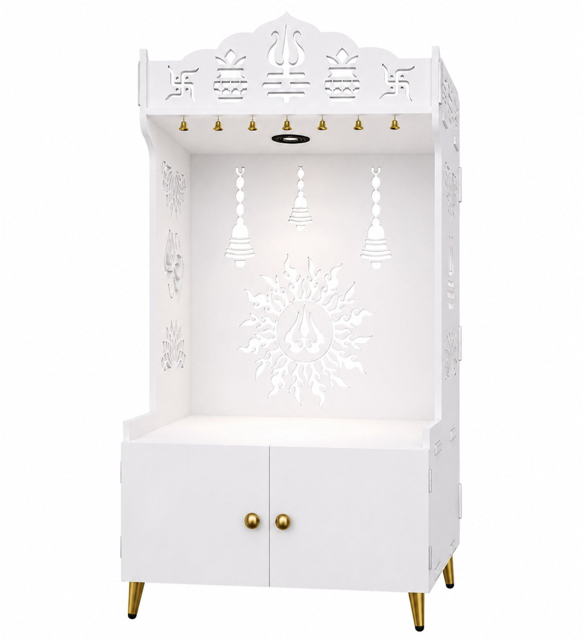 White Wooden Floor Pooja Mandir with Trishul & Kalash Design Laser-Cut Bell & Lotus Motifs & Storage Cabinet