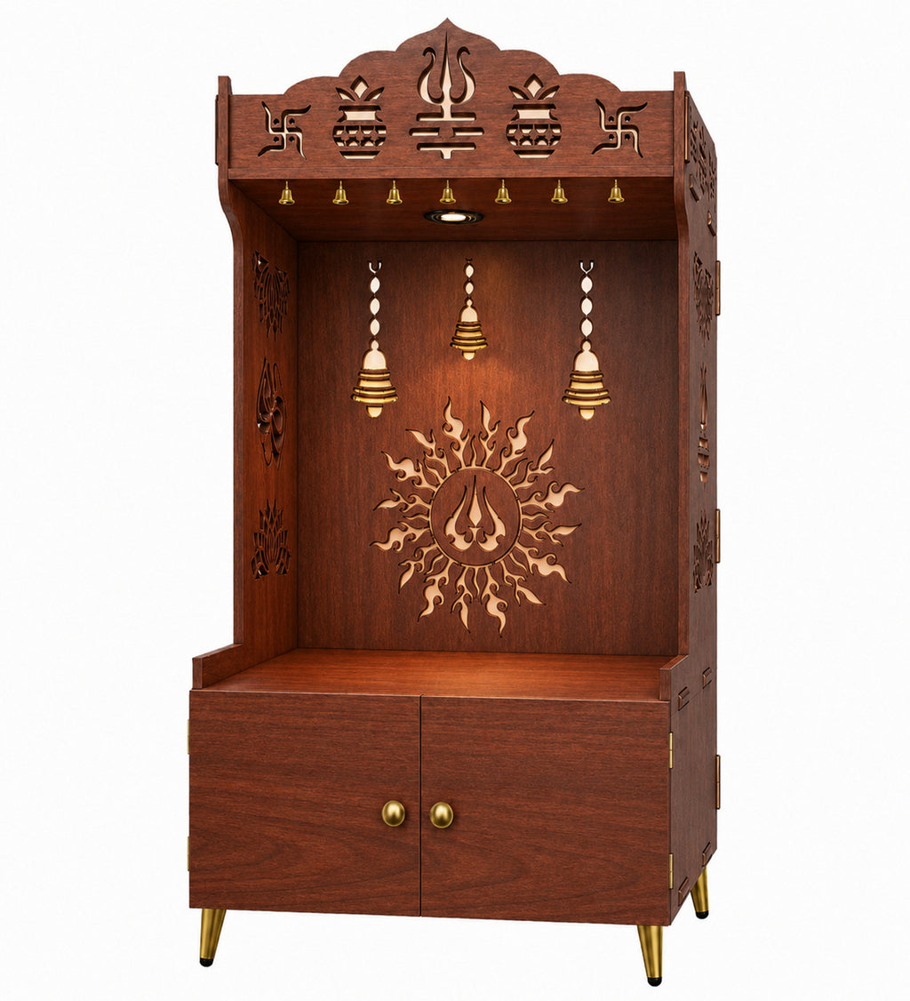 White Wooden Floor Pooja Mandir with Trishul & Kalash Design Laser-Cut Bell & Lotus Motifs & Storage Cabinet