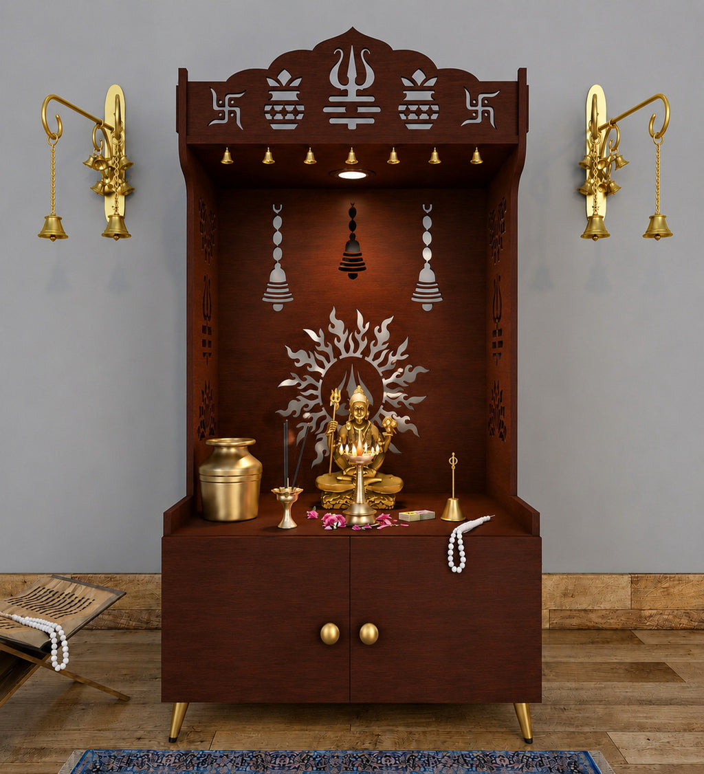 White Wooden Floor Pooja Mandir with Trishul & Kalash Design Laser-Cut Bell & Lotus Motifs & Storage Cabinet