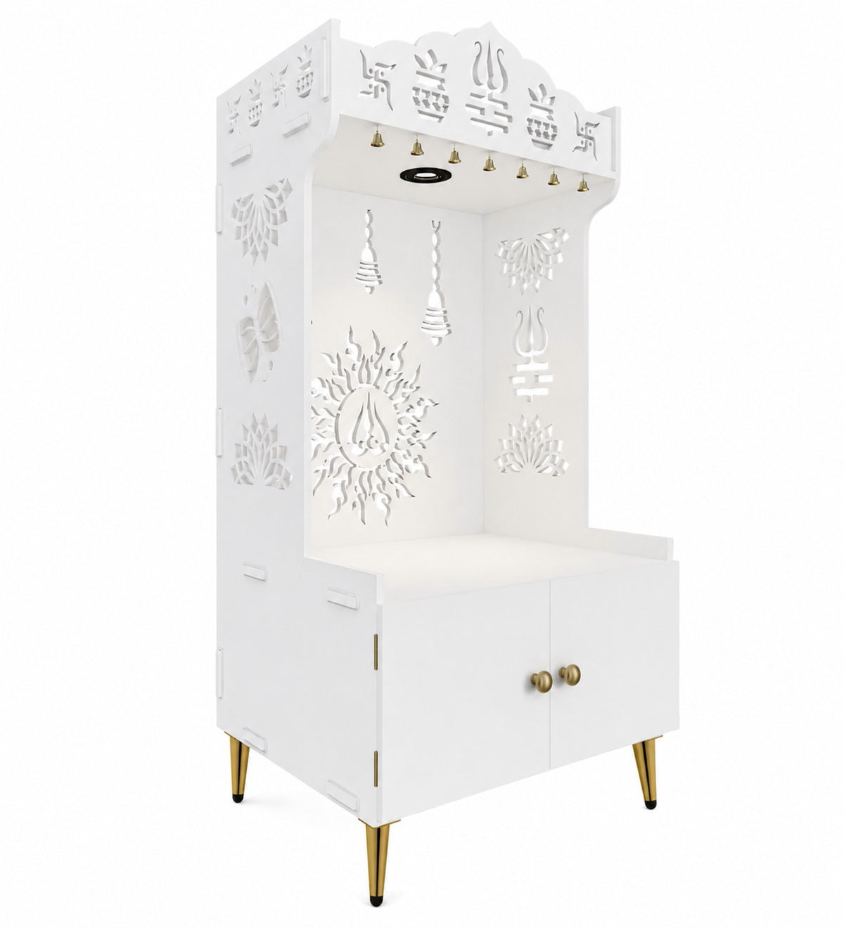 White Wooden Floor Pooja Mandir with Trishul & Kalash Design Laser-Cut Bell & Lotus Motifs & Storage Cabinet