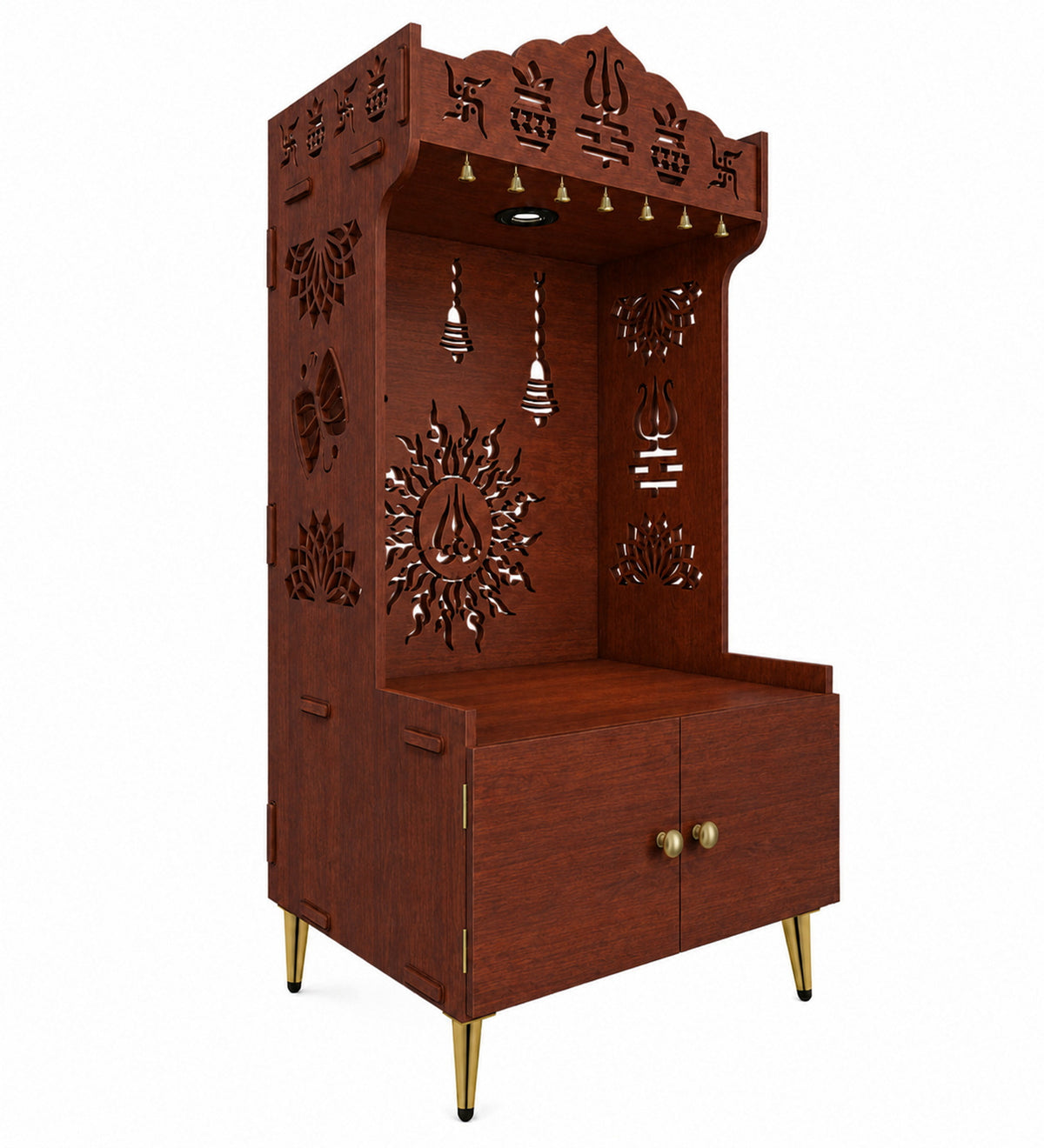 White Wooden Floor Pooja Mandir with Trishul & Kalash Design Laser-Cut Bell & Lotus Motifs & Storage Cabinet