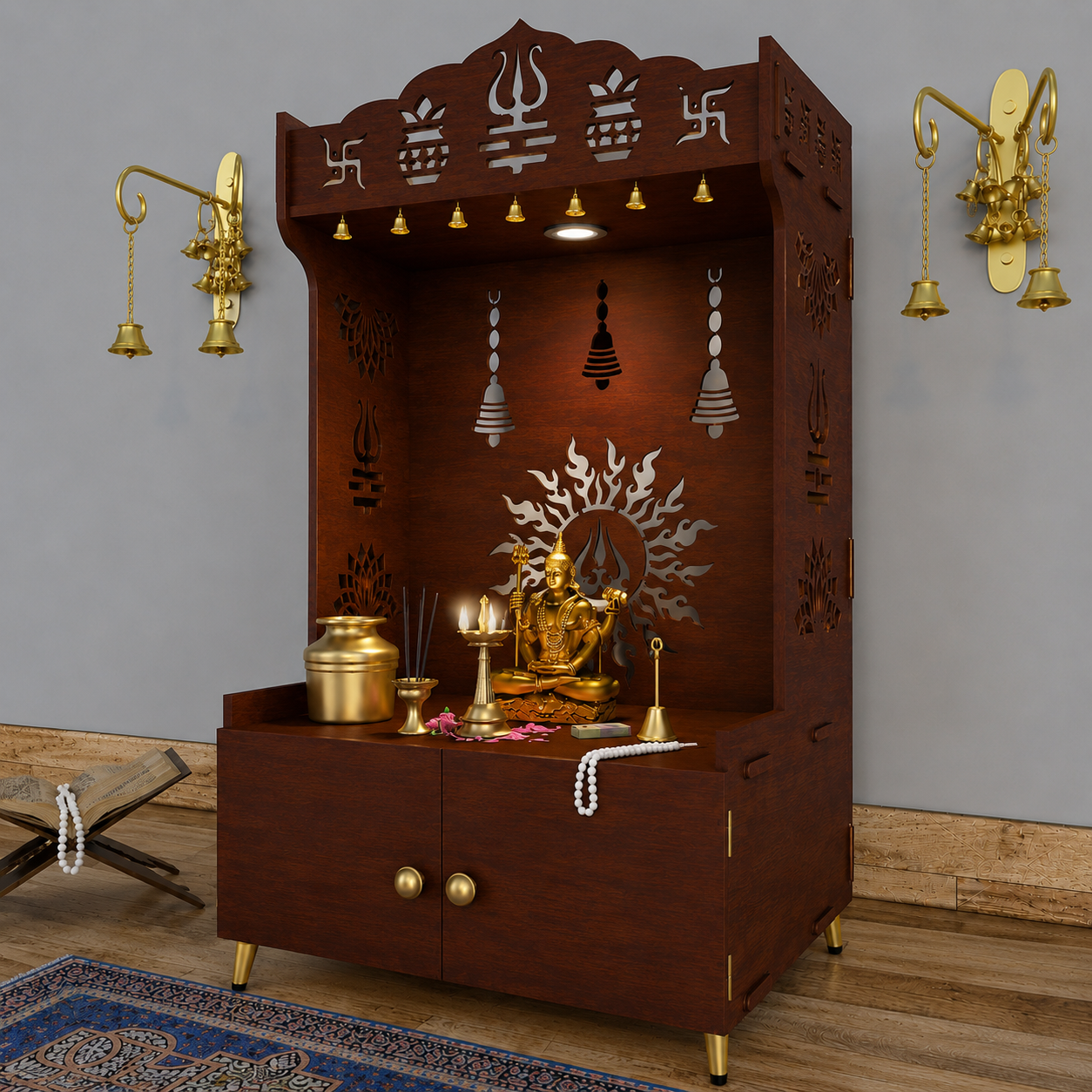 White Wooden Floor Pooja Mandir with Trishul & Kalash Design Laser-Cut Bell & Lotus Motifs & Storage Cabinet