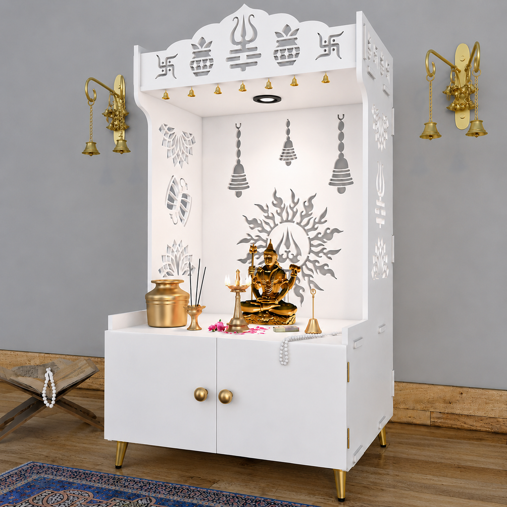 White Wooden Floor Pooja Mandir with Trishul & Kalash Design Laser-Cut Bell & Lotus Motifs & Storage Cabinet
