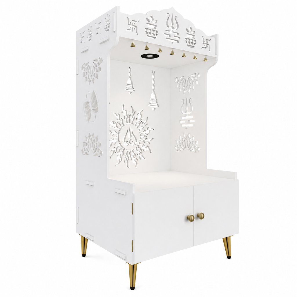 White Wooden Floor Pooja Mandir with Trishul & Kalash Design Laser-Cut Bell & Lotus Motifs & Storage Cabinet