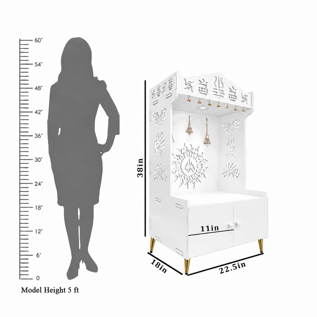 White Wooden Floor Pooja Mandir with Trishul & Kalash Design Laser-Cut Bell & Lotus Motifs & Storage Cabinet