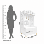 White Wooden Floor Pooja Mandir with Trishul & Kalash Design Laser-Cut Bell & Lotus Motifs & Storage Cabinet