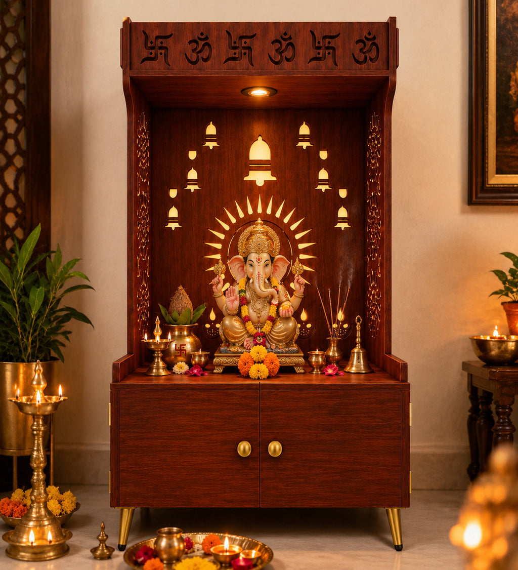 White Wooden Floor Pooja Mandir with Om & Swastik Design Ganesh Laser-Cut Back Panel Bell Motifs & Storage Cabinet