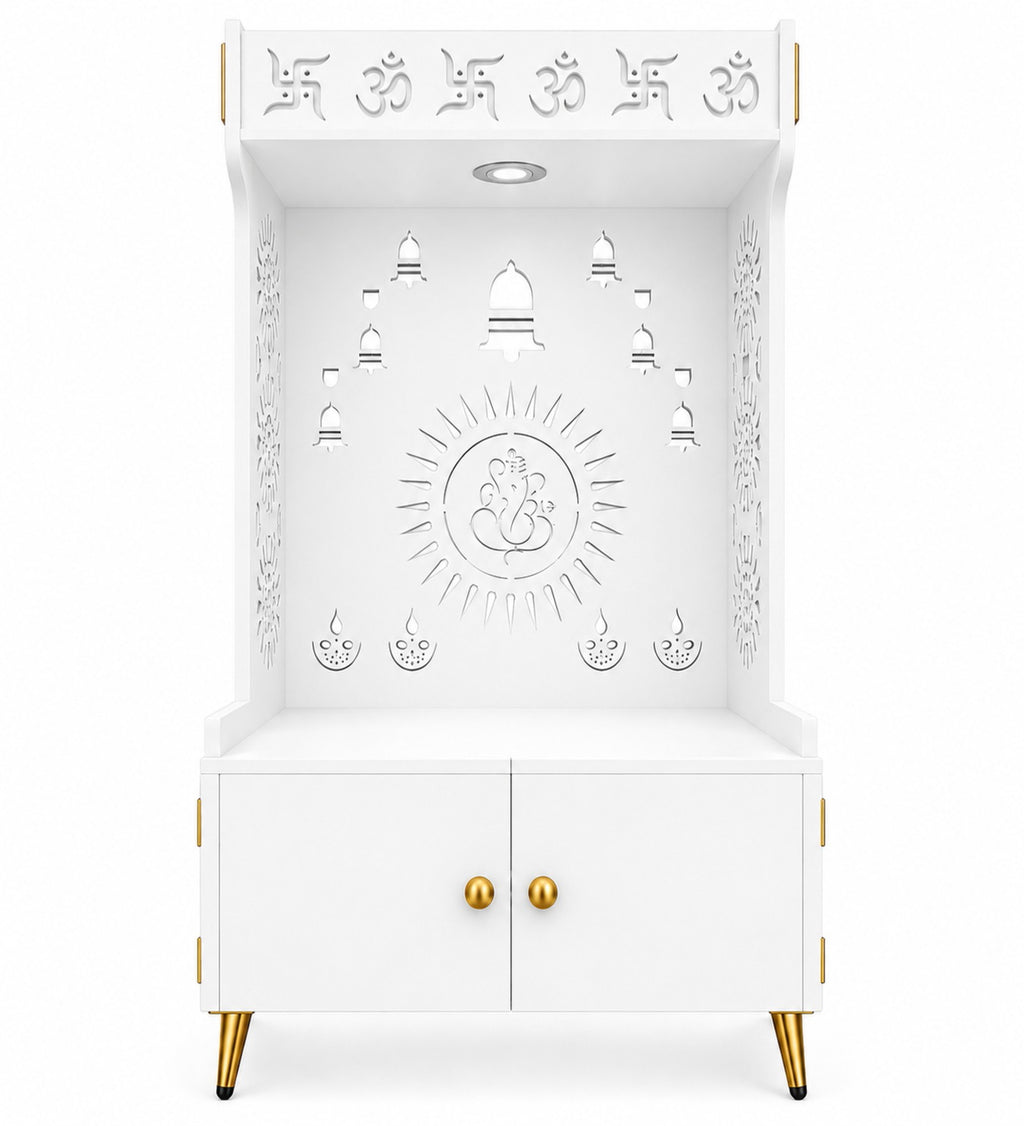 White Wooden Floor Pooja Mandir with Om & Swastik Design Ganesh Laser-Cut Back Panel Bell Motifs & Storage Cabinet