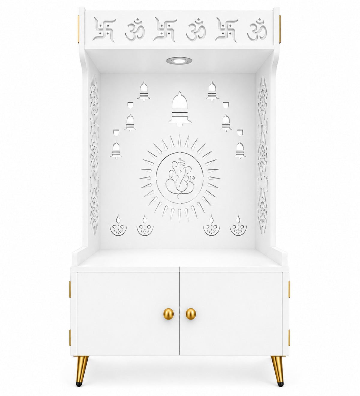 White Wooden Floor Pooja Mandir with Om & Swastik Design Ganesh Laser-Cut Back Panel Bell Motifs & Storage Cabinet
