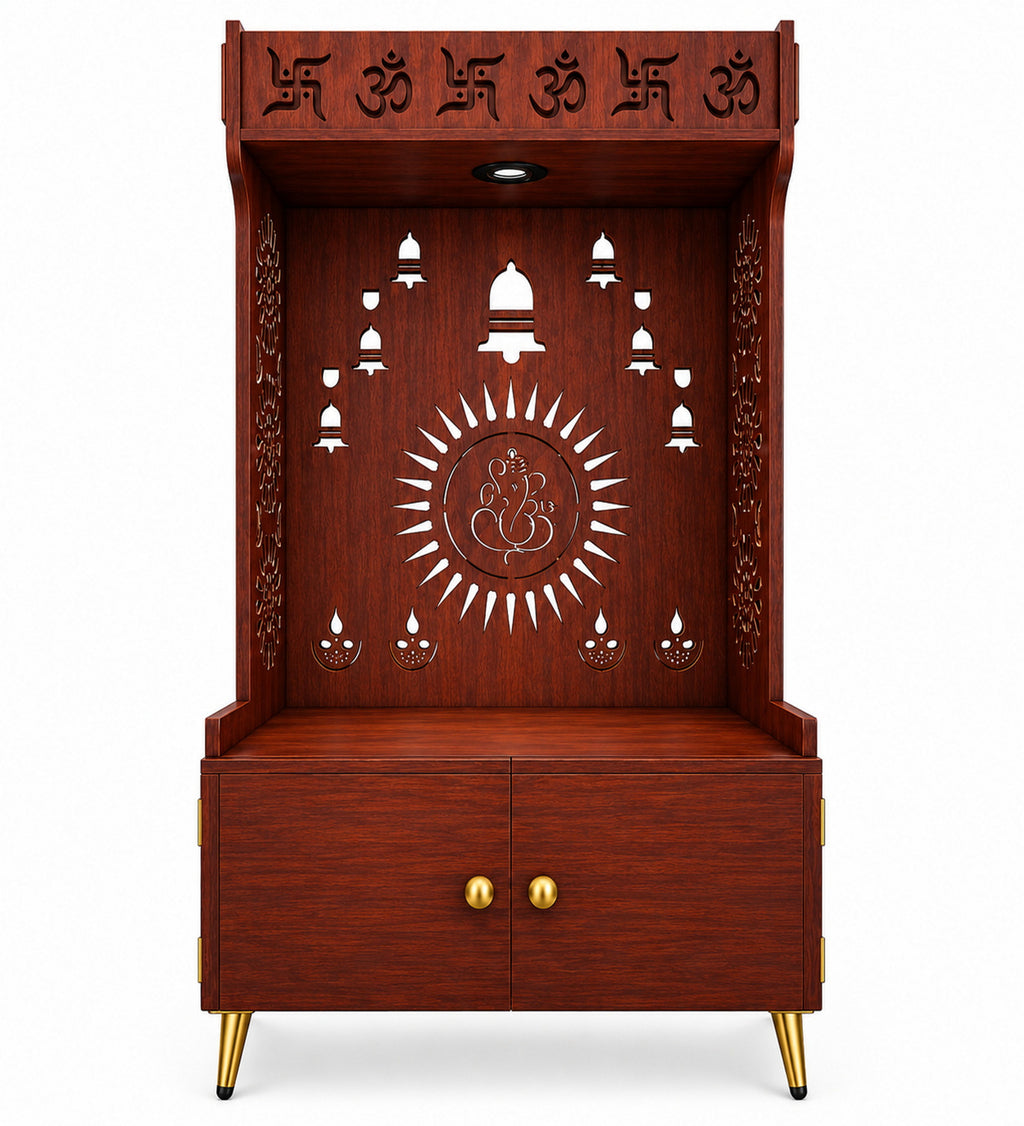 White Wooden Floor Pooja Mandir with Om & Swastik Design Ganesh Laser-Cut Back Panel Bell Motifs & Storage Cabinet