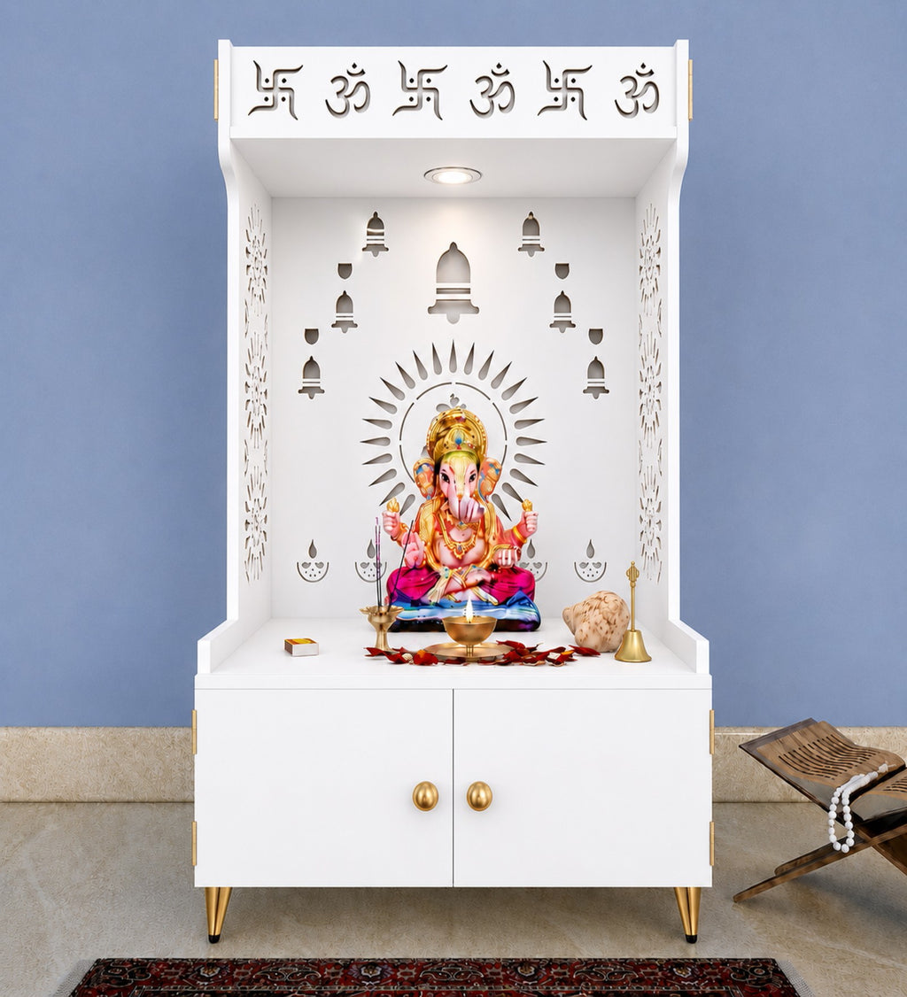 White Wooden Floor Pooja Mandir with Om & Swastik Design Ganesh Laser-Cut Back Panel Bell Motifs & Storage Cabinet