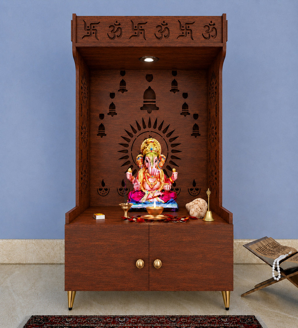 White Wooden Floor Pooja Mandir with Om & Swastik Design Ganesh Laser-Cut Back Panel Bell Motifs & Storage Cabinet