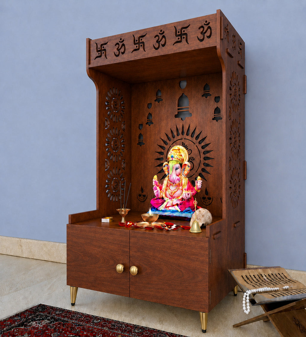 White Wooden Floor Pooja Mandir with Om & Swastik Design Ganesh Laser-Cut Back Panel Bell Motifs & Storage Cabinet