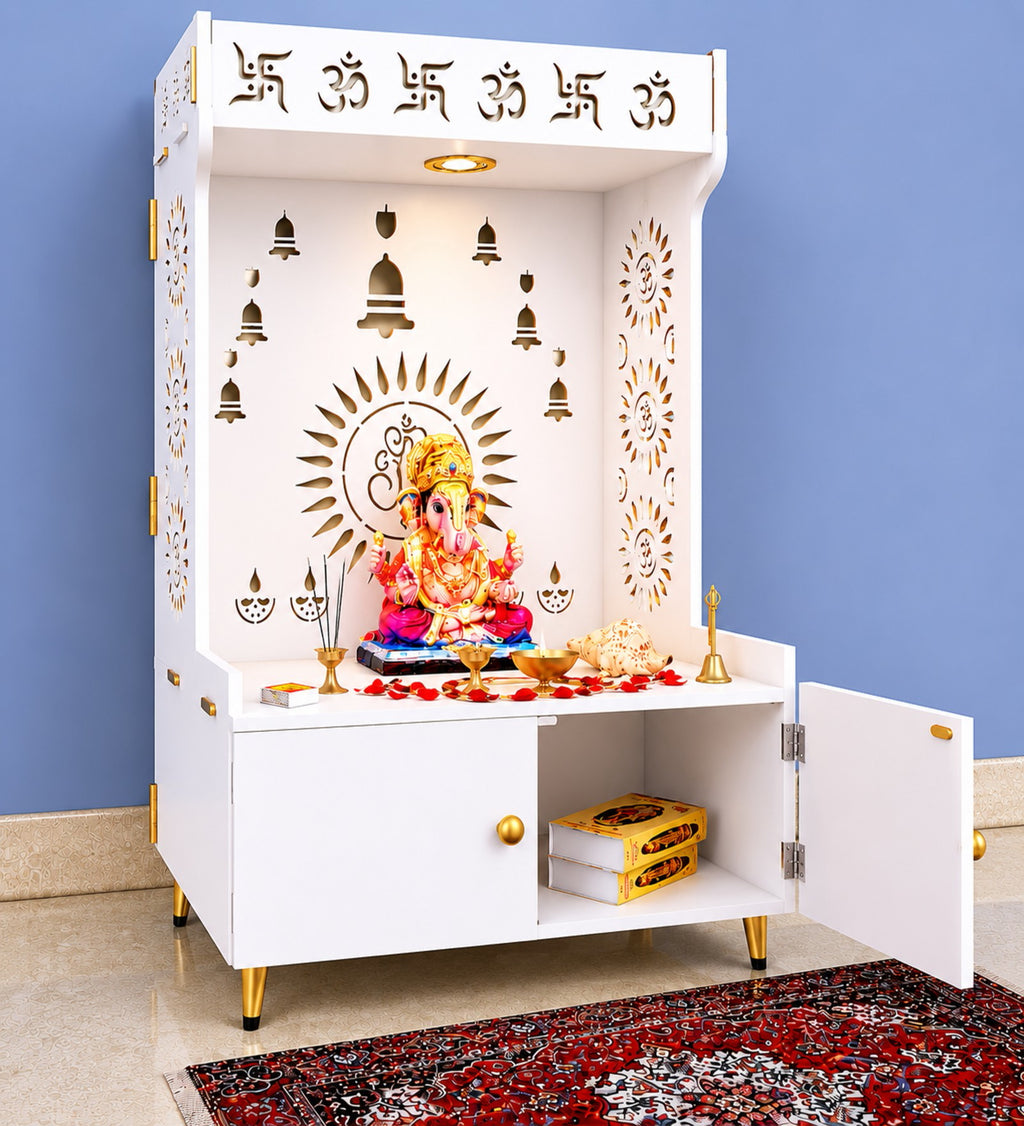 White Wooden Floor Pooja Mandir with Om & Swastik Design Ganesh Laser-Cut Back Panel Bell Motifs & Storage Cabinet