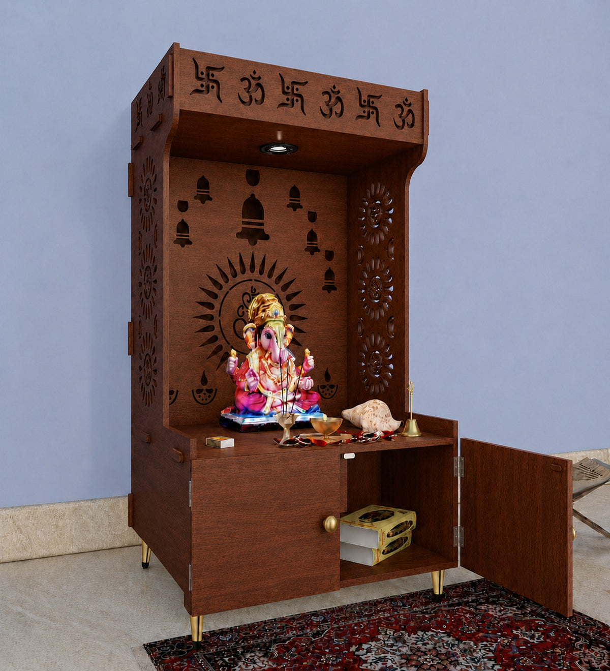 White Wooden Floor Pooja Mandir with Om & Swastik Design Ganesh Laser-Cut Back Panel Bell Motifs & Storage Cabinet
