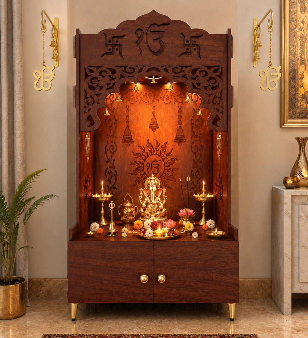 White Wooden Floor Pooja Mandir with Ik Onkar & Swastik Design Ornate Arch Laser-Cut Bell Motifs &Cabinet